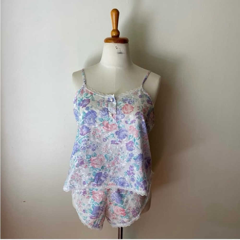 Floral Lace Trim Cami & Short Pajama Set - Pastel Multi